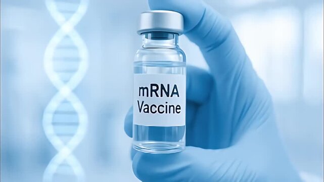 MRNA vaccine vial laboratory gloved hand dna strand medical research clinical trial vaccine development sterile biotechnology blue color hand holding vial syringe clinical vial vaccine research
