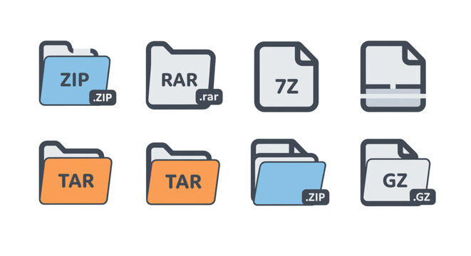 File compression formats icons vector set zip rar gz tar 7z file types archive format file extension design