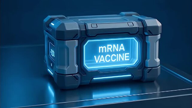 MRNA vaccine storage case cold storage medical container laboratory equipment blue lighting futuristic design insulated cooler vaccine transport ultra low temperature biohazard safety cold chain