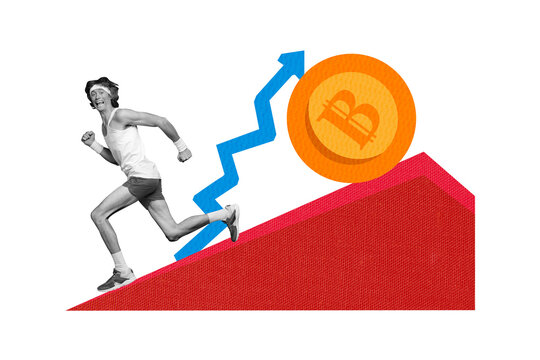 Composite photo collage of scared sportsman run bitcoin penny roll decline arrow market blockchain crisis isolated on painted background