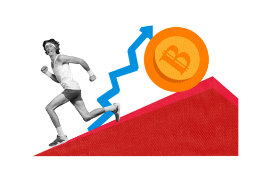 Composite photo collage of scared sportsman run bitcoin penny roll decline arrow market blockchain crisis isolated on painted background