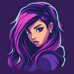 Stylish woman with long magenta and purple hair glancing over shoulder.