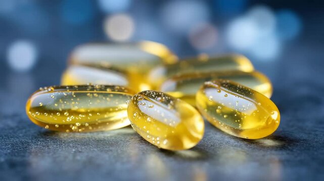Close-up of omega-3 capsules with tiny droplets of oil on surface, detailed textures visible, soft-focused background for supplement promotion