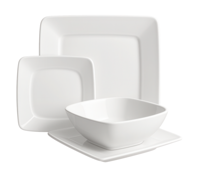 A sleek, square porcelain dinnerware set for a modern, minimalist apartment.