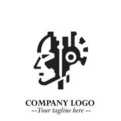 Head of Robot Logo Symbol in Black on the White Background Futuristic Minimalist Illustration