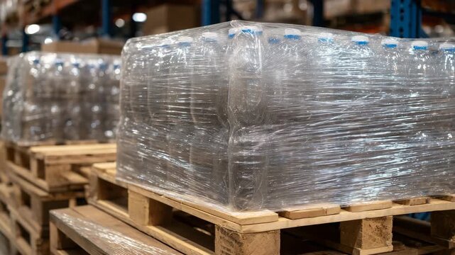 Close-up of pallets stacked with transparent plastic bottles tightly wrapped in stretch film, bright warehouse lighting highlighting reflections on the bottles
