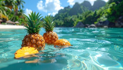 fruits floating in crystal clear water, coconuts, pineapples, 