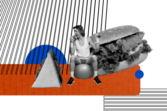 Creative photo collage picture young sportsman sandwich burger nutrition calories dieting dumbbell training exercise drawing background