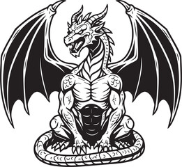 Seated Black Dragon with Muscular Body and Horns on White