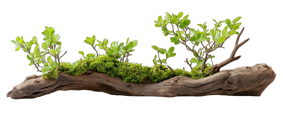 Driftwood with moss and foliage on transparent background nature still life