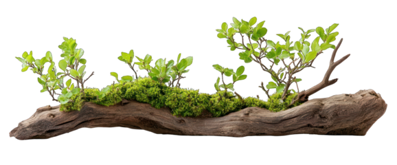Driftwood with moss and foliage on transparent background nature still life
