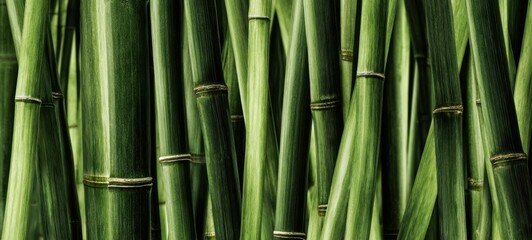 Fototapeta premium The Bamboo Stalks Close Up Showing Lush Green Vertical Natural Texture Background