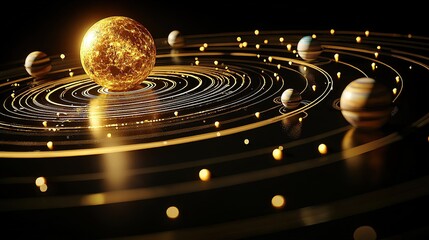 Solar System Planets Illustration with Sun, Black Background, High Detail Science Diagram