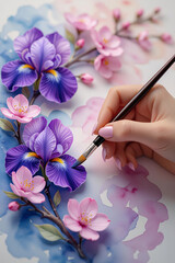 A slender hand with polished nails painting with swirling watercolor tones, featuring real 3D vibrant purple irises and delicate pink cherry blossoms blooming off the page, captured in a close-up, int
