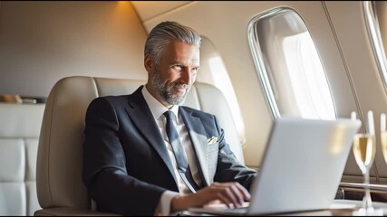 Confident businessman working on a laptop in a luxurious private jet, enjoying a view outside, symbolizing success and progress. - Powered by Adobe