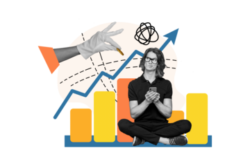 Composite photo collage of minded geek guy hold iphone device income dollar coin arrow up chart development isolated on painted background