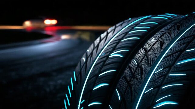 Close-up photography of high-performance tires, intricate tread textures emphasized under strong side lighting, background pure dark black