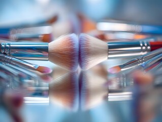 ic symmetrical arrangement of makeup brushes on a reflective surface showcasing beauty tools
