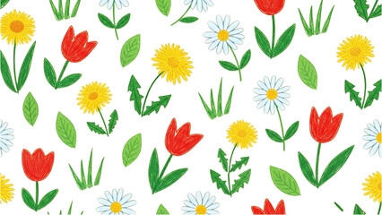 Colorful Floral Pattern Tulips, Daisies, and Dandelions on White Background