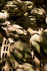 Fresh vegetables at small local urban market. Organic produce on sale at outdoor farmer market. Selling fresh crops and veggies harvest. European urban setting. Close up. Part of the series