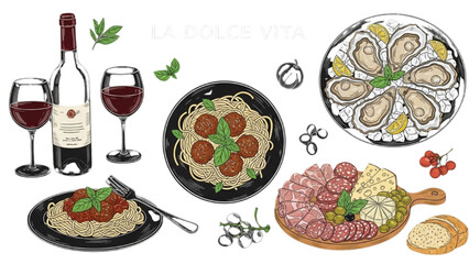 A delicious illustrated collection of classic Italian cuisine with pasta, red wine, and antipasto platters