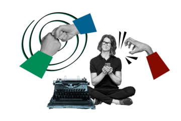 Creative collage picture young man thoughtful minded smartphone digital device agreement support unity fists typewriter oldschool machine