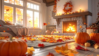 leaves swirling around cozy cabin, warm fireplace 