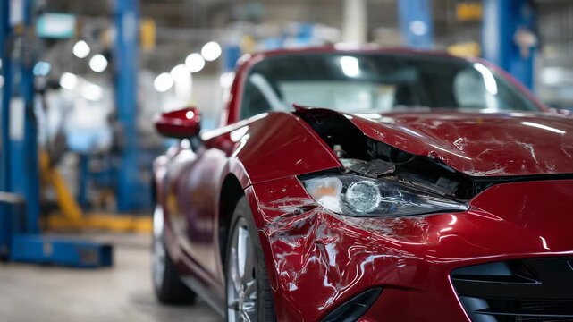 Collision-damaged red sports car, close-up on crumpled hood and shattered headlight, auto repair shop setting with metallic tools in background