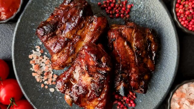 Grilled or barbecued pork ribs with sauce. Grilled ribs