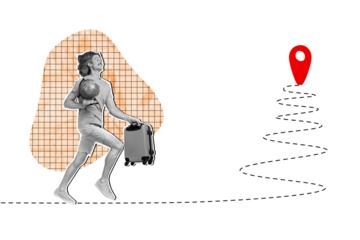 Composite collage image of funny young man suitcase hurry location mark traveler summer vacation fantasy billboard comics zine minimal