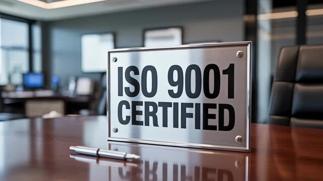 A close up of the ISO 9001 Certified sign on the office desk for the concept of business process compliance.