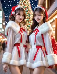 Two young beautiful girls dressed in Christmas clothes. Christmas decorated city background, Christmas tree, meeting. クリスマスの服を着た若い2人の美少女。クリスマスの飾りがされた街中の背景,クリスマスツリー,待ち合わせ