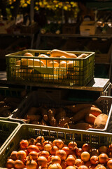 Fresh vegetables at small local urban market. Organic produce on sale at outdoor farmer market. Selling fresh crops and veggies harvest. European urban setting. Close up. Part of the series