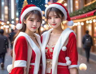 Two young beautiful girls dressed in Christmas clothes. Christmas decorated city background, Christmas tree, meeting. クリスマスの服を着た若い2人の美少女。クリスマスの飾りがされた街中の背景,クリスマスツリー,待ち合わせ