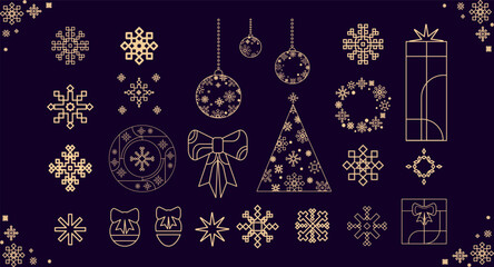 Merry Christmas and Happy New Year Gold Line Christmas Icons on Dark Background set. Elegant line Christmas icons and ornaments for web,prints, winter design, greeting cards,packaging,branding. Vector