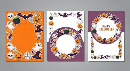 Vector art of set of halloween frames with pumpkins, ghosts, bats and skulls for invitations