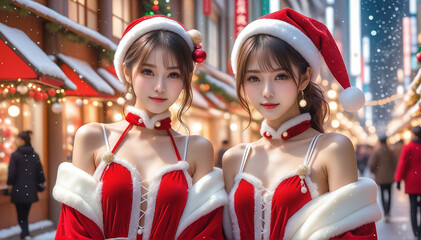 Two young beautiful girls dressed in Christmas clothes. Christmas decorated city background, Christmas tree, meeting. クリスマスの服を着た若い2人の美少女。クリスマスの飾りがされた街中の背景,クリスマスツリー,待ち合わせ