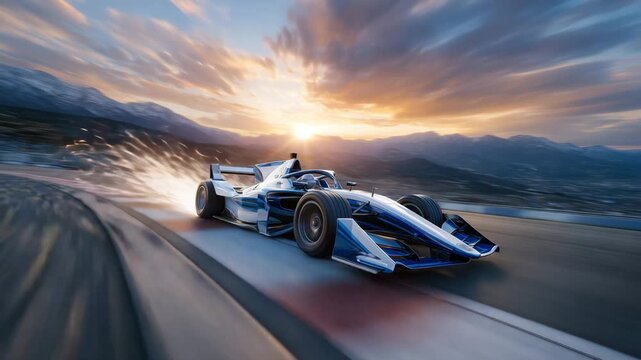 Dynamic low-angle shot of racing car sliding on track edge, sparks shooting from underbody, vibrant sunset sky as backdrop, emphasizing velocity