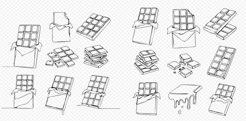Continuous line art drawings of chocolate bars in various forms, including whole, broken, unwrapped, and melting pieces on a transparent background.