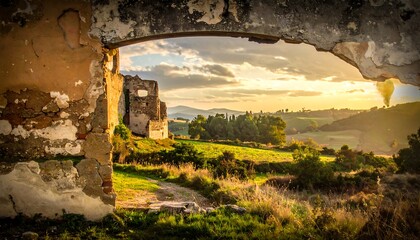 A sunlit landscape is viewed through a crumbling archway. Rolling hills meet a bright sky with clouds. Grassy foreground