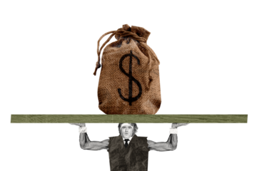 Composite photo collage of sportive businessman tear suit biceps hold big money dollar bag earn finance isolated on painted background