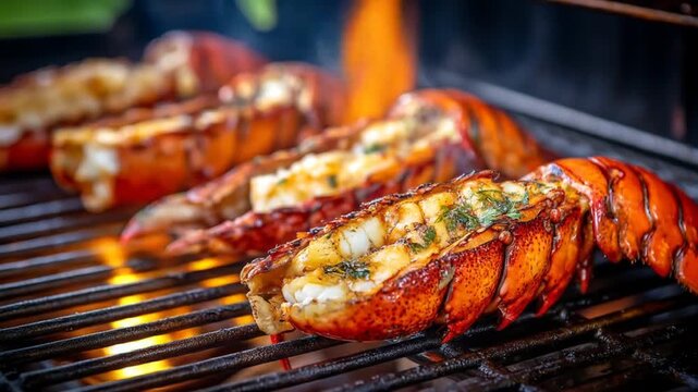 Grilled lobster tails on a bbq grill with flames and delicious food