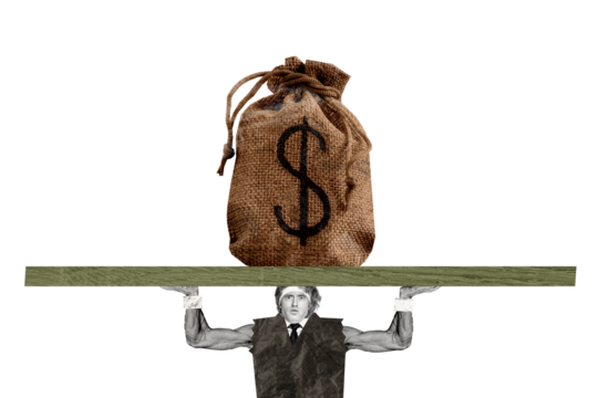 Composite photo collage of sportive businessman tear suit biceps hold big money dollar bag earn finance isolated on painted background - Powered by Adobe