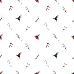 Watercolor seamless background with festive winter branches
