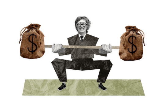 Composite photo collage of sportive businessman do deadlift bodybuilding dollar bag barbell income finance isolated on painted background