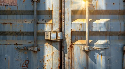 Rusty Metal Shipping Container Doors with Sunlight Reflection and Blue Textured Surface