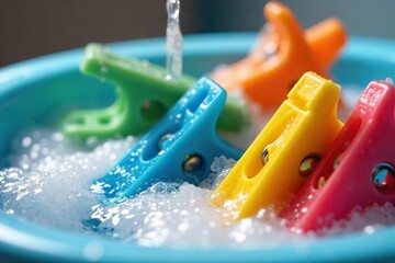 Bright Colorful Clothes Pegs Sparkling Clean in Soapy Water, Ready for Drying - Fresh Laundry Essentials