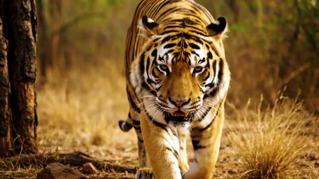 A majestic bengal tiger walks forward through a dry forest with tall grass and a tree trunk on the left