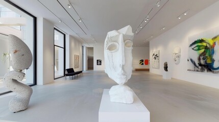 Modern Art Gallery with Sculptures and Abstract Paintings in Bright Spacious Room