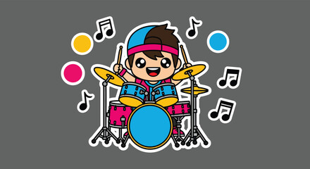 Happy young boy playing drums with enthusiasm in a music studio, surrounded by colorful notes and a joyful atmosphere.
